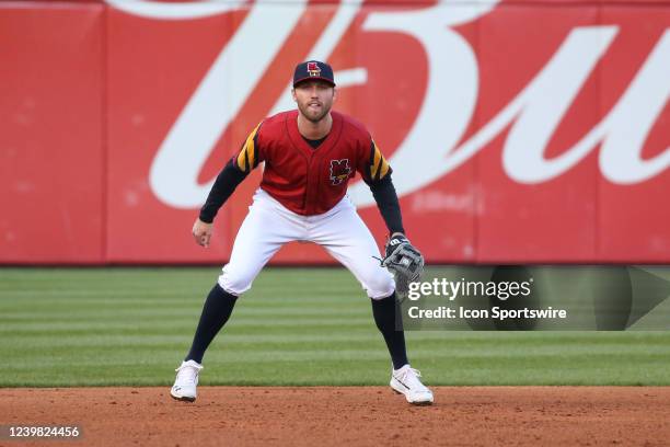 Toledo Mud Hens third baseman Kody Clemons waits for the pitch during a regular season Triple A Minor League Baseball game between the Rochester Red...
