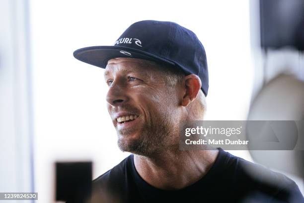 Three-time WSL Champion Mick Fanning of Australia at the Press Conference of the Rip Curl Pro Bells Beach on April 8, 2022 at Bells Beach, Victoria,...