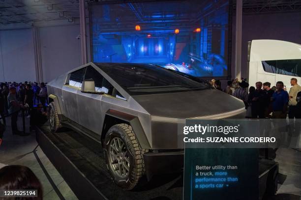 The Tesla Cybertruck is on display at the Tesla Giga Texas manufacturing facility during the "Cyber Rodeo" grand opening party on April 7, 2022 in...