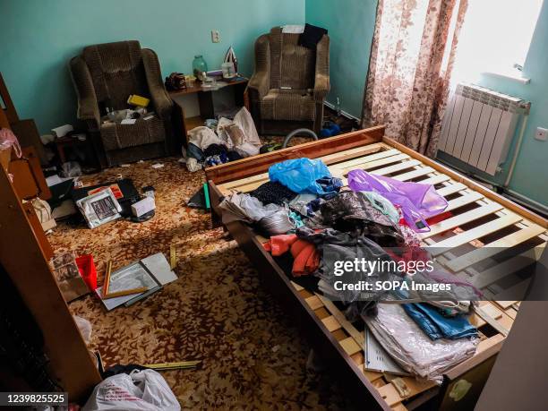 An apartment destroyed and looted by the Russian soldiers. After the withdrawal of the Russian troops, which occupied the town and terrorized local...