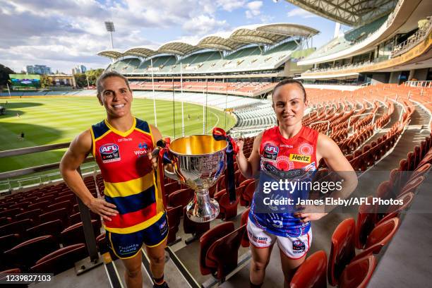 Chelsea Randall of the Crows and Daisy Pearce of the Demons during the 2022 AFLW Grand Final Media Opportunity at Adelaide Oval on April 8, 2022 in...