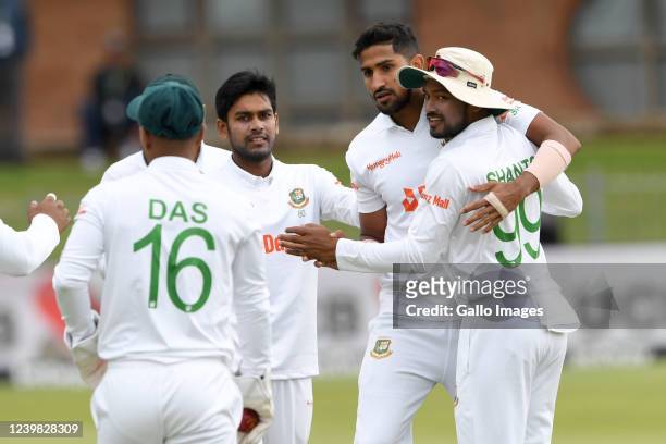 Khaled Ahmed of Bangladesh celebrates the wicket of Sarel Erwee of the Proteas during day 1 of the 2nd ICC WTC2 Betway Test match between South...