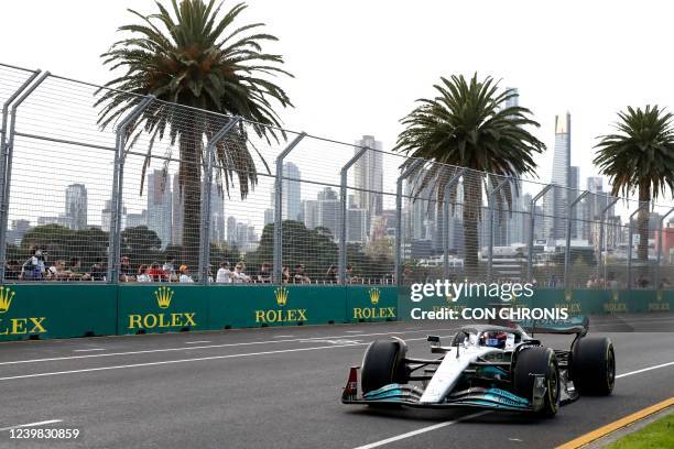 Mercedes' British driver George Russell drives during the second practice session ahead of the 2022 Formula One Australian Grand Prix at the Albert...