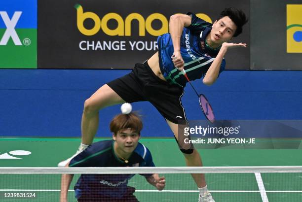 Malaysia's Ong Yew Sin and Teo Ee Yi play against Indonesias Fajar Alfian and Muhammad Rian Ardianto during their men's doubles quarter-final match...