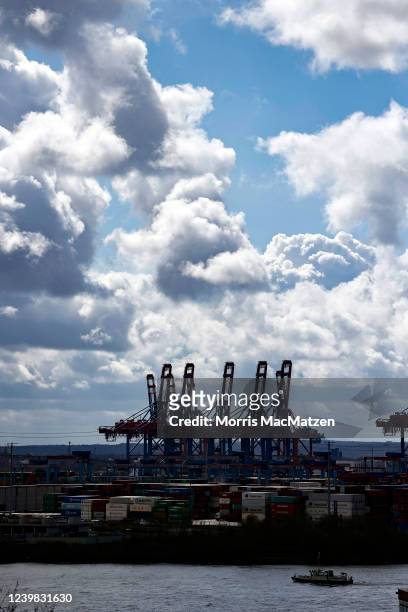 Cargo containers are seen at Hamburg Port, Germany's biggest container port, on April 8, 2022 in Hamburg, Germany.