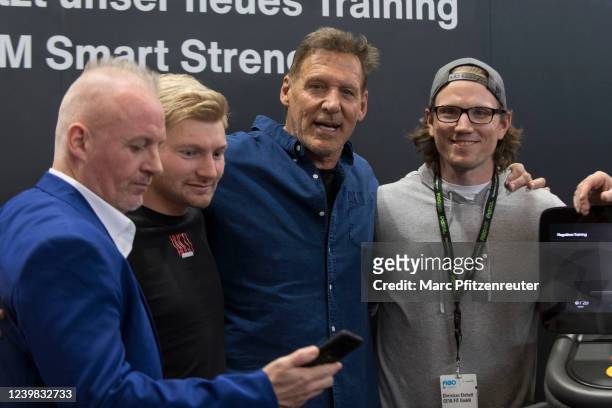 Former bodybuilder and actor Ralf Moeller and Christian Ehrhoff of FIT GmbH during the FIBO 2022 on April 8, 2022 in Cologne, Germany. FIBO is the...
