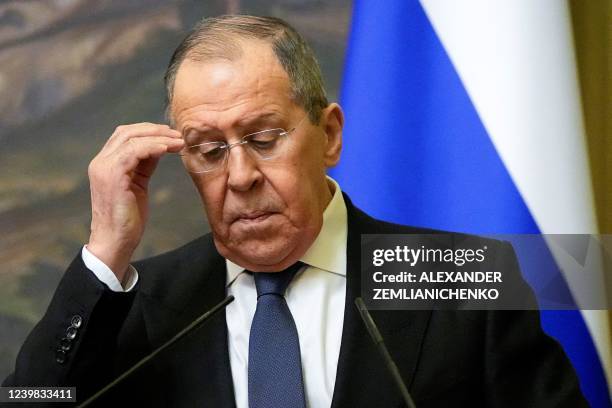 Russian Foreign Minister Sergei Lavrov attends a joint news conference following talks with his Armenian counterpart in Moscow, on April 8, 2022.