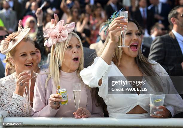 Racegoers cheer as they watch the third race during the second day, "Ladies Day", of the Grand National Festival horse race meeting, at Aintree...