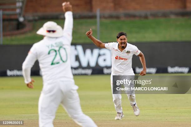 Bangladesh's Taijul Islam celebrates after the dismissal of South Africa's Ryan Rickelton during the first day of the second Test cricket match...