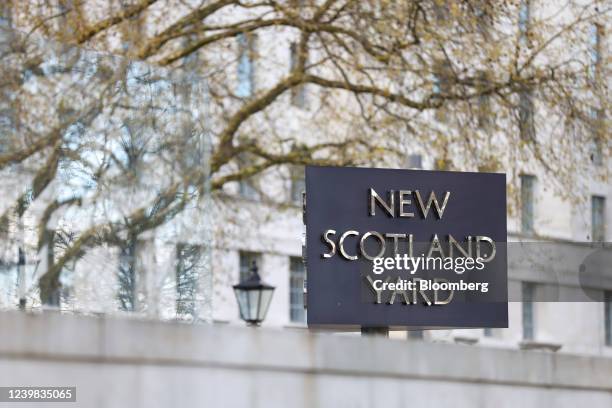 Signage at the New Scotland Yard headquarters of the Metropolitan Police in London, U.K., on Thursday, April 2022. London's Metropolitan Police...