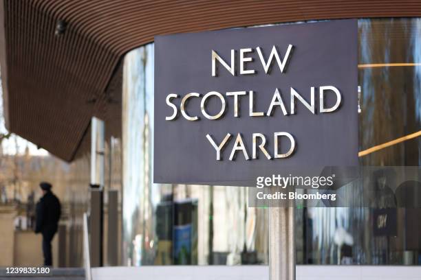 Signage at the New Scotland Yard headquarters of the Metropolitan Police in London, U.K., on Thursday, April 2022. London's Metropolitan Police...