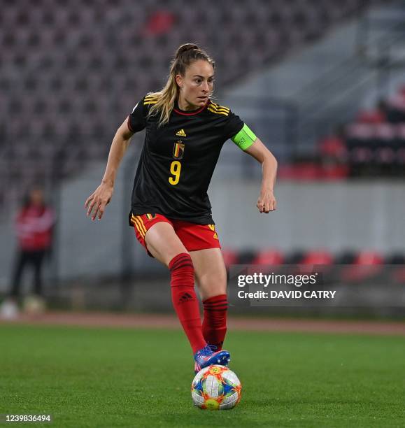 Belgium's Tessa Wullaert pictured in action during the match between Belgium's national women's soccer team the Red Flames and Albania, in Elbasan,...