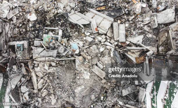An aerial view of a completely destroyed building after shelling in Borodianka of Kyiv province, Ukraine on April 8, 2022.