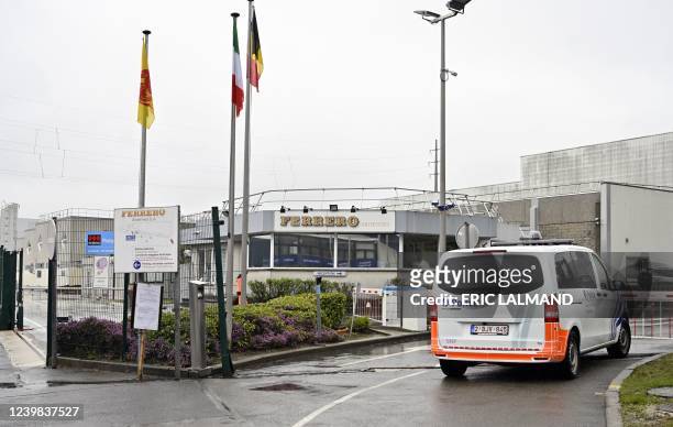 Illustration picture shows a police car at the Ardennes Ferrero factory in Arlon, Friday 08 April 2022. Chocolate maker Ferrero asks to bring its...
