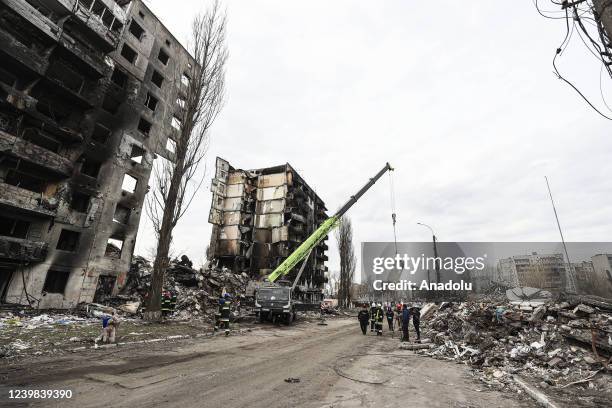Debris removal works are seen in progress in the Borodyanka region of Kyiv, Ukraine on April 8, 2022. Many places around the capital Kyiv bear traces...