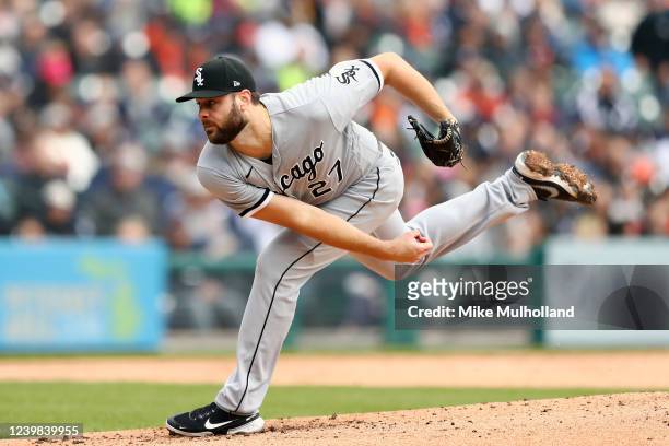Lucas Giolito of the Chicago White Sox pitches during the game between the Chicago White Sox and the Detroit Tigers at Comerica Park on Friday, April...