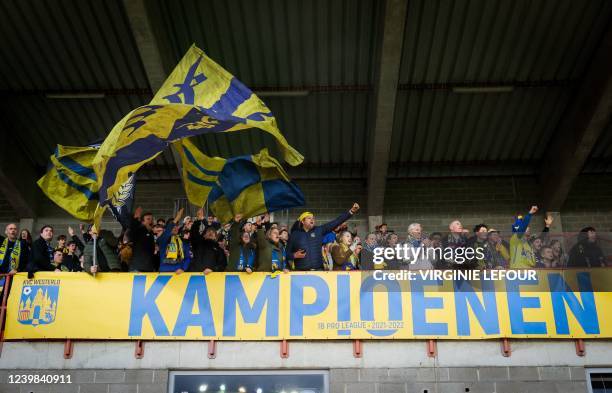 Westerlo's supporters pictured during a soccer match between Royal Excel Mouscron and KVC Westerlo, Friday 08 April 2022 in Mouscron, on day 27 of...