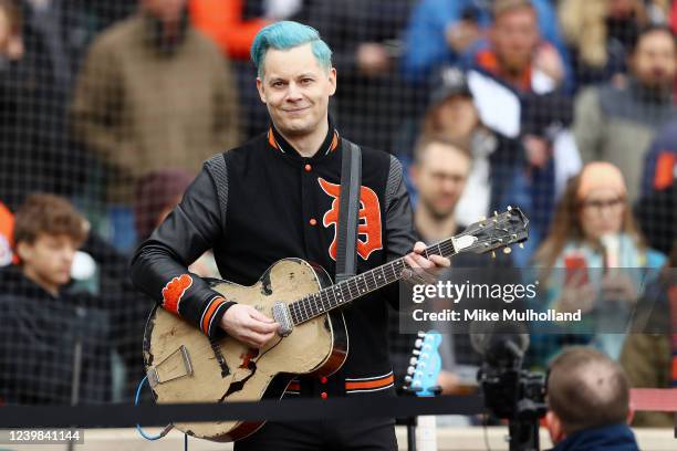 Jack White sings the national anthem prior to the game between the Chicago White Sox and the Detroit Tigers at Comerica Park on Friday, April 8, 2022...