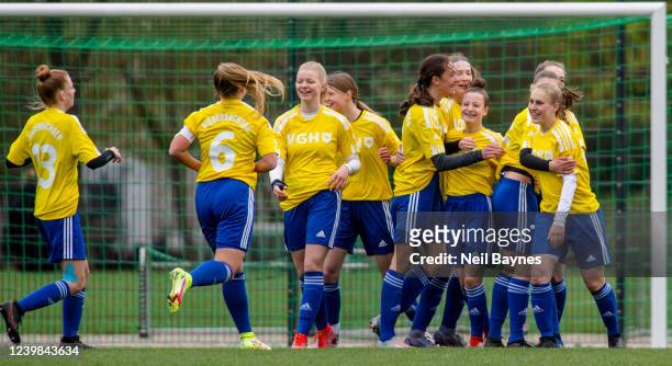 The players of Niedersachsen celebrates scoring a goal during a U16 Junior Girls DFB Federal Cup Tournament game between the soccer clubs...
