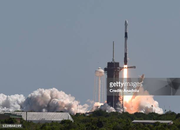 SpaceX Falcon 9 rocket with a Crew Dragon spacecraft and four private astronauts launches from pad 39A at the Kennedy Space Center on April 8, 2022...