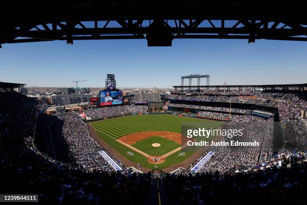 General view of the stadium as the Los Angeles Dodgers take on the Colorado Rockies on Opening Day at Coors Field on April 8, 2022 in Denver,...