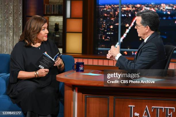 The Late Show with Stephen Colbert and guest Elizabeth Alexander during Thursday's April 7, 2022 show.