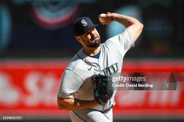 Robbie Ray of the Seattle Mariners delivers a pitch against the Minnesota Twins in the first inning on Opening Day at Target Field on April 8, 2022...