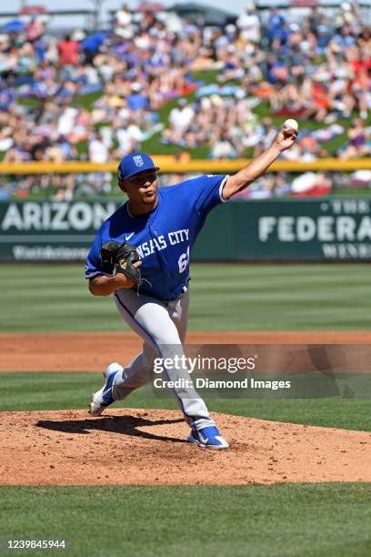 Angel Zerpa of the Kansas City Royals throws a pitch during the second inning of an MLB spring training game against the Chicago Cubs at Sloan Park...