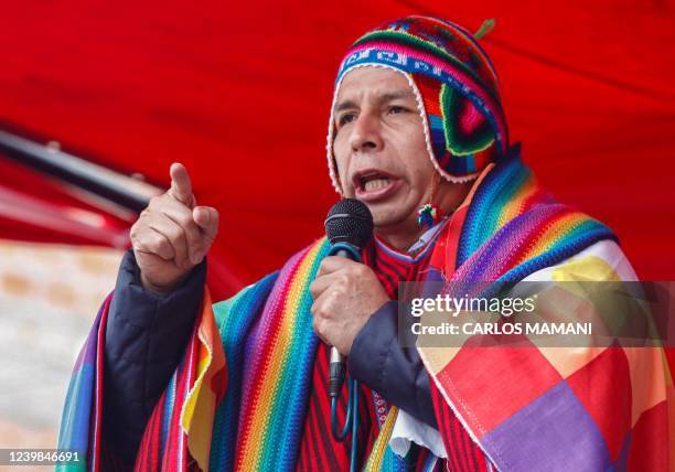 Peruvian President Pedro Castillo participates in a decentralized Council of Ministers held in the Aymara province of Huancane at 3,825 meters above...