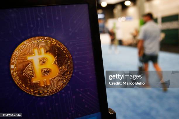 Bitcoin logo is seen during the Bitcoin 2022 Conference at Miami Beach Convention Center on April 8, 2022 in Miami, Florida. The worlds largest...