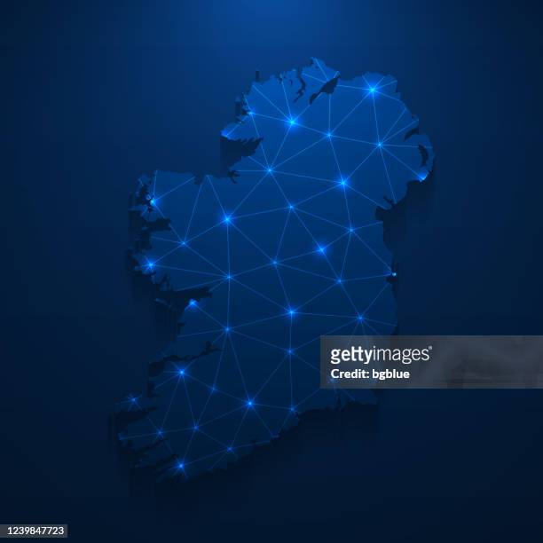 ireland map network - bright mesh on dark blue background - dublin republic of ireland stock illustrations