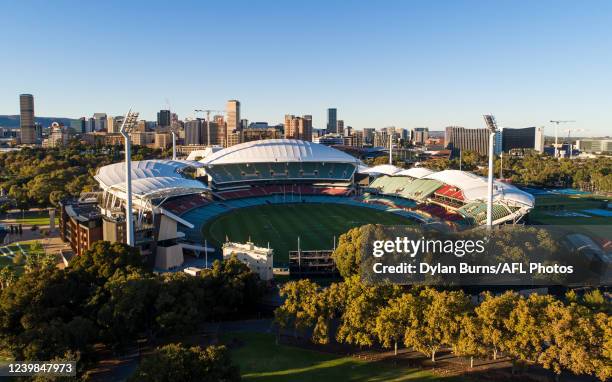 An aerial view of the stadium before the 2022 AFLW Grand Final match between the Adelaide Crows and the Melbourne Demons at Adelaide Oval on April...