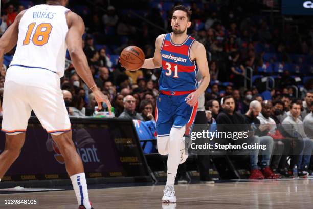 Tomas Satoransky of the Washington Wizards dribbles the ball during the game against the New York Knicks on April 8, 2022 at Capital One Arena in...