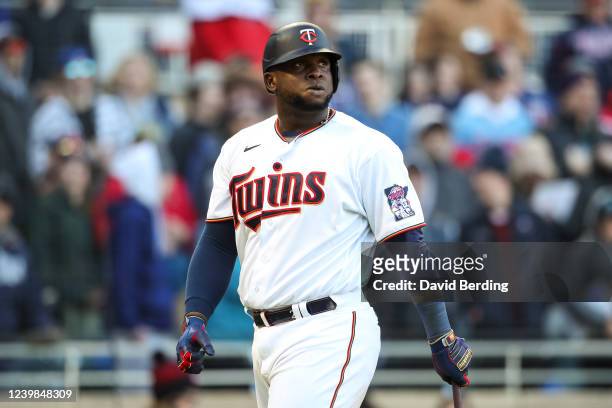 Miguel Sano of the Minnesota Twins reacts to striking out against the Seattle Mariners in the ninth inning on Opening Day at Target Field on April 8,...