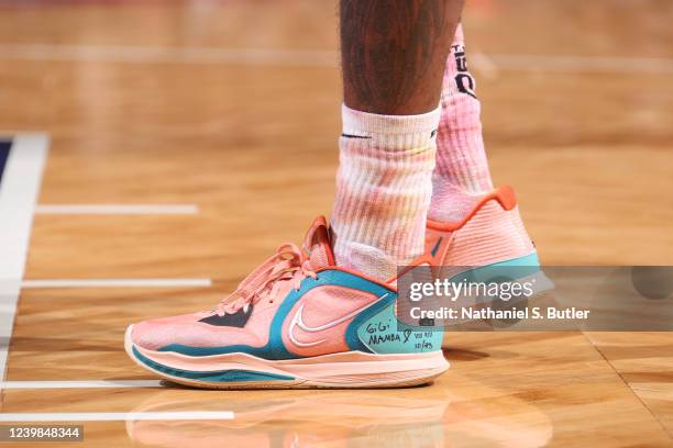 The sneakers worn by Kyrie Irving of the Brooklyn Nets during the game against the Cleveland Cavaliers on April 8, 2022 at Barclays Center in...