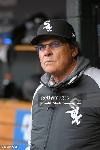 Manager Tony La Russa of the Chicago White Sox looks on from the dugout during the Opening Day game against the Detroit Tigers at Comerica Park on...