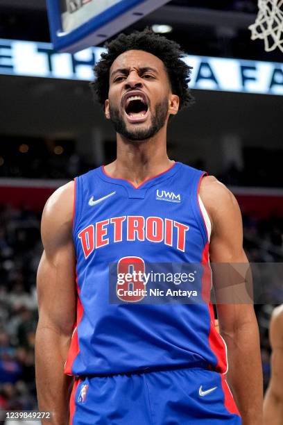 Braxton Key of the Detroit Pistons reacts against the Milwaukee Bucks during the second quarter at Little Caesars Arena on April 08, 2022 in Detroit,...