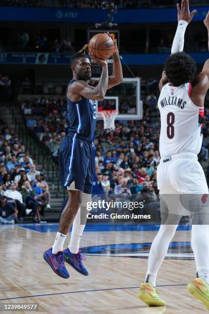 Reggie Bullock of the Dallas Mavericks shoots the ball during the game against the Portland Trail Blazers on April 8, 2022 at the American Airlines...