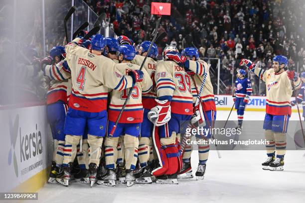 The Laval Rocket celebrate their victory against the Rochester Americans at Place Bell on April 8, 2022 in Laval, Canada. The Laval Rocket defeated...