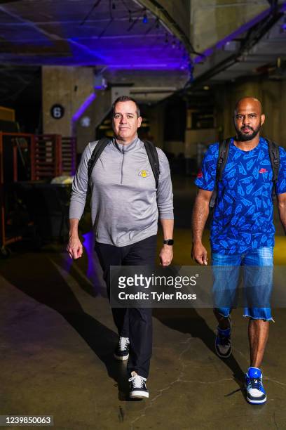 Head Coach Frank Vogel of the Los Angeles Lakers arrives to the arena prior to the game against the Oklahoma City Thunder on April 8, 2022 at...