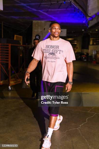 Russell Westbrook of the Los Angeles Lakers arrives to the arena prior to the game against the Oklahoma City Thunder on April 8, 2022 at Crypto.Com...