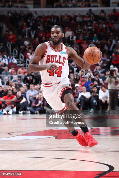 Patrick Williams of the Chicago Bulls drives to the basket during the game against the Charlotte Hornets on April 8, 2022 at United Center in...