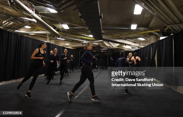 Members of Team Icicles Senior from Great Britain warm up prior to the ISU World Synchronized Skating Championships 2022 at FirstOntario Centre on...