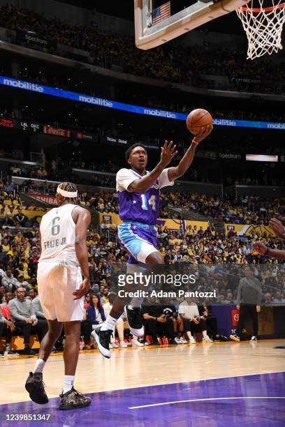 Stanley Johnson of the Los Angeles Lakers drives to the basket during the game against the Oklahoma City Thunder on April 8, 2022 at Crypto.Com Arena...