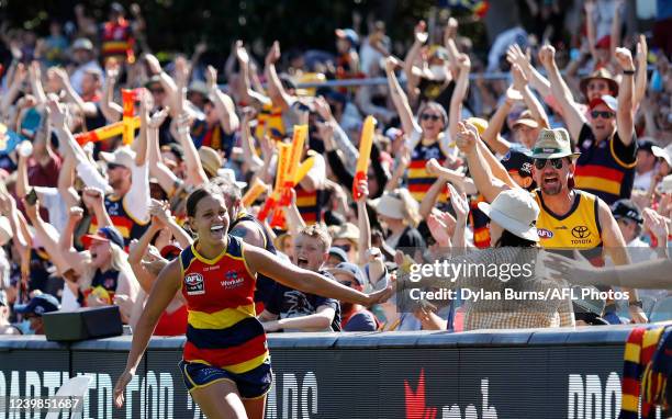 Danielle Ponter of the Crows celebrates a goal during the 2022 AFLW Grand Final match between the Adelaide Crows and the Melbourne Demons at Adelaide...