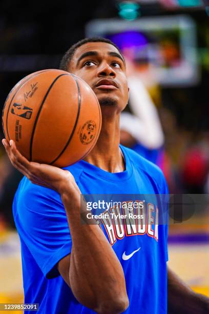 Theo Maledon of the Oklahoma City Thunder warms up prior to the game against the Los Angeles Lakers on April 8, 2022 at Crypto.Com Arena in Los...