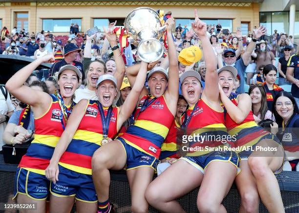 Crows players Caitlin Gould, Marijana Rajcic, Ebony Marinoff, Chelsea Biddell and Ashleigh Woodland during the 2022 AFLW Grand Final match between...