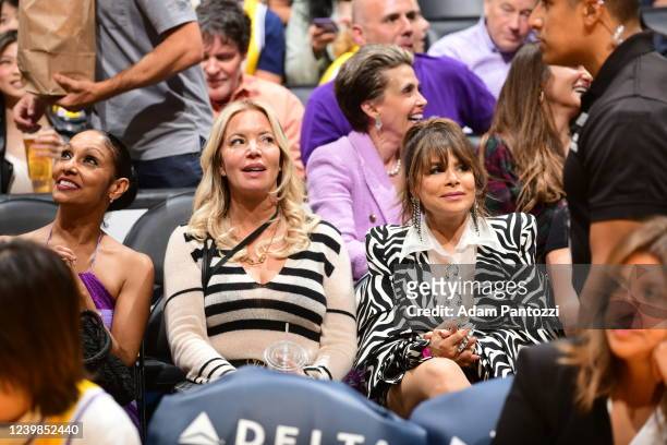 President of the Los Angeles Lakers, Jeanie Buss and Singer, Paula Abdul attend the game between the Oklahoma City Thunder and the Los Angeles Lakers...