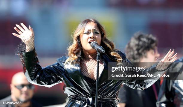 Half time entertainment Jessica Mauboy during the 2022 AFLW Grand Final match between the Adelaide Crows and the Melbourne Demons at Adelaide Oval on...