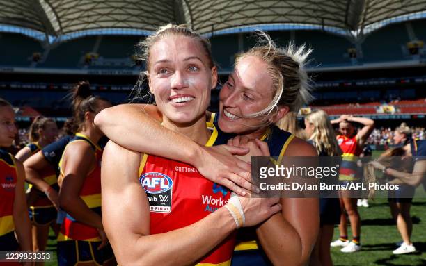 Erin Phillips and Marijana Rajcic of the Crows celebrate during the 2022 AFLW Grand Final match between the Adelaide Crows and the Melbourne Demons...